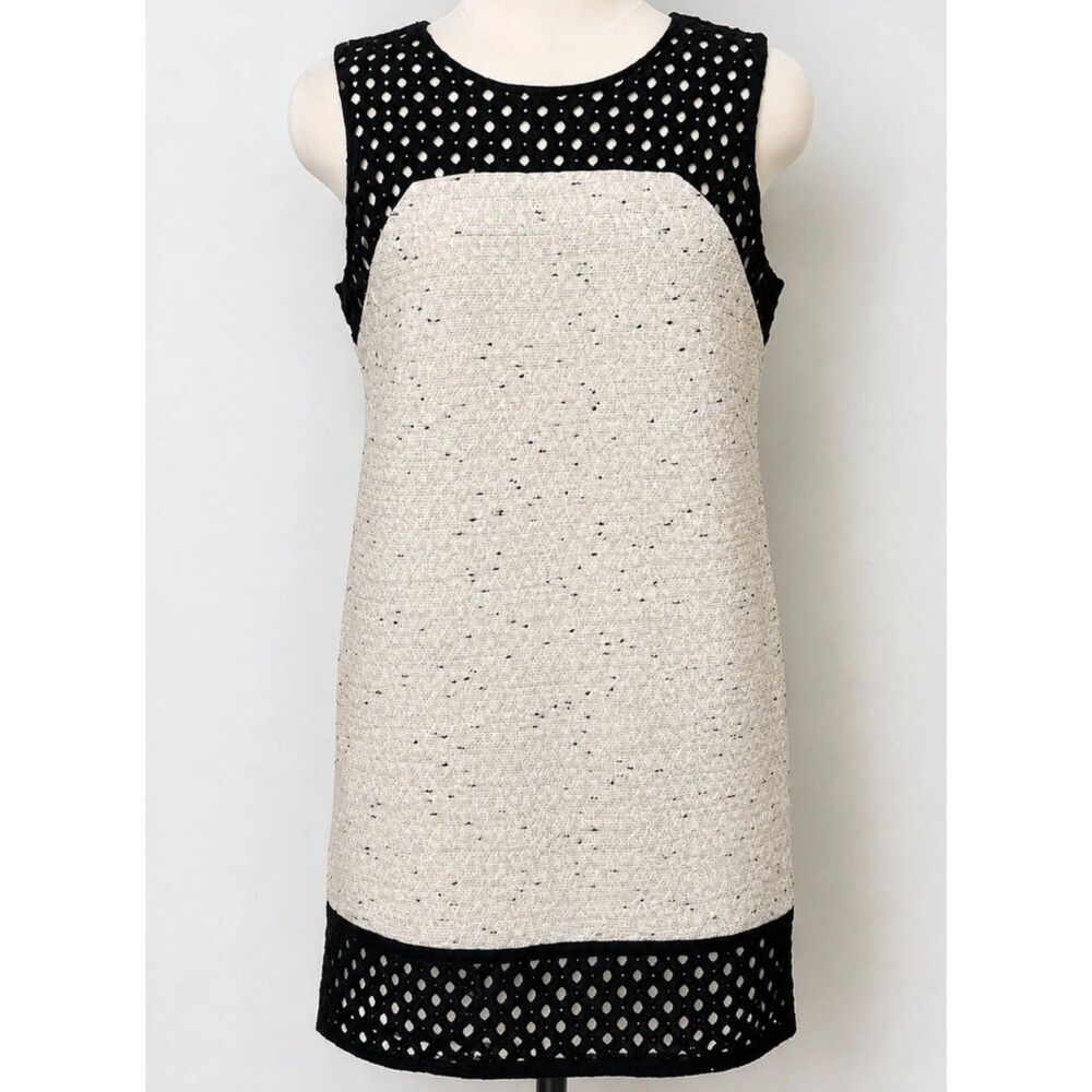 Ann Taylor Dress Women’s 8 Black Ivory Tweed Shift Sleeveless Sheath Lace Trim